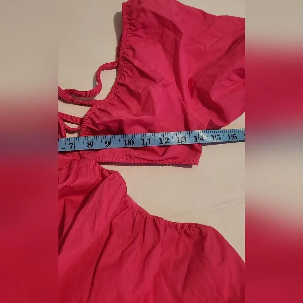 Zara Poplin Cut-off Puff-Sleeve Fucsia Dress Size Small - Picture 12 of 12